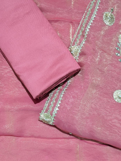 Rose Pink Embroidered Unstitched Suit Set with Elegant Gold Work Dupatta