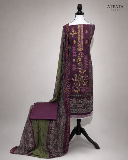 Deep Plum Floral Embroidered Unstitched Suit Set with Printed Dupatta