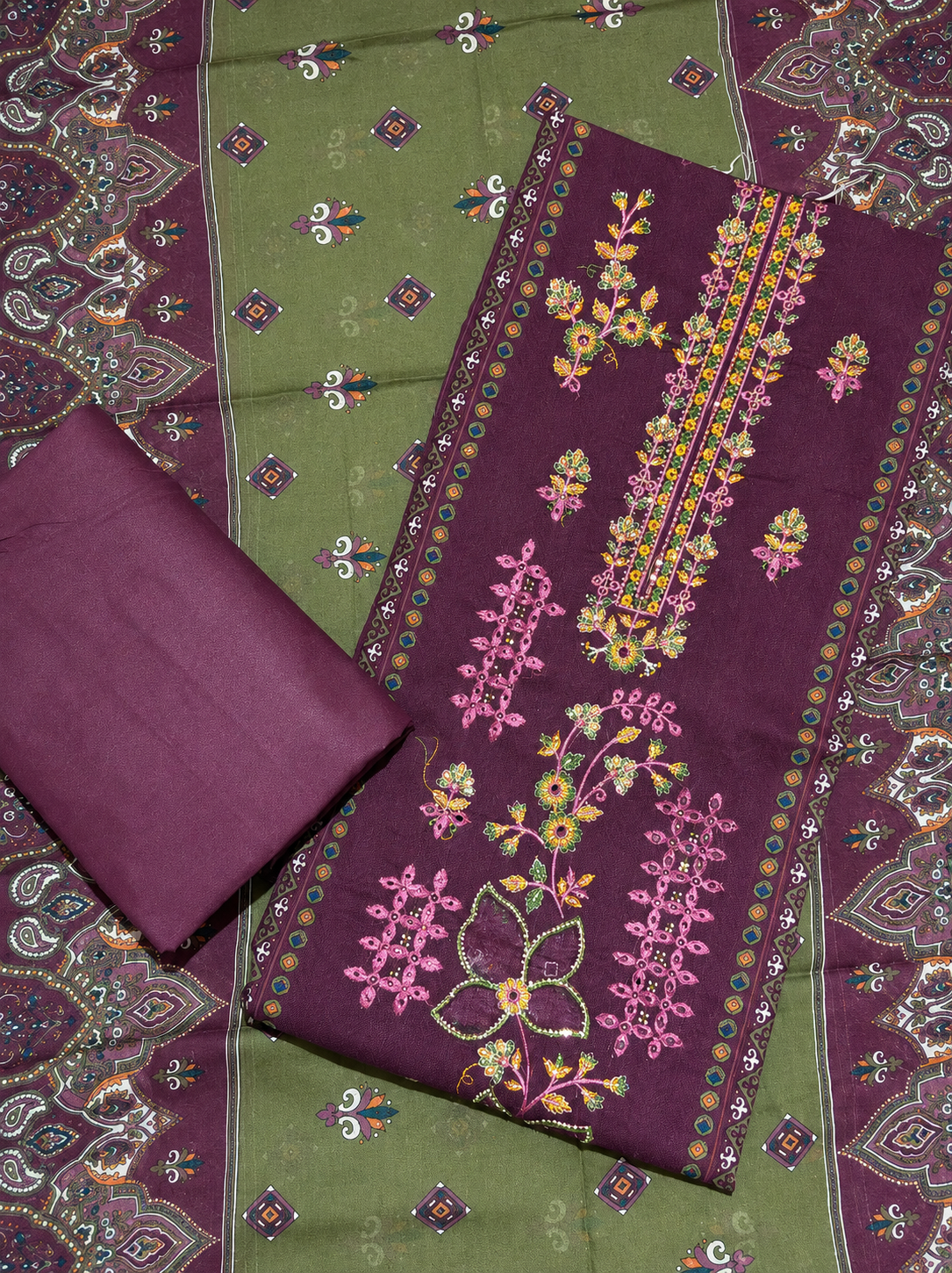 Deep Plum Floral Embroidered Unstitched Suit Set with Printed Dupatta