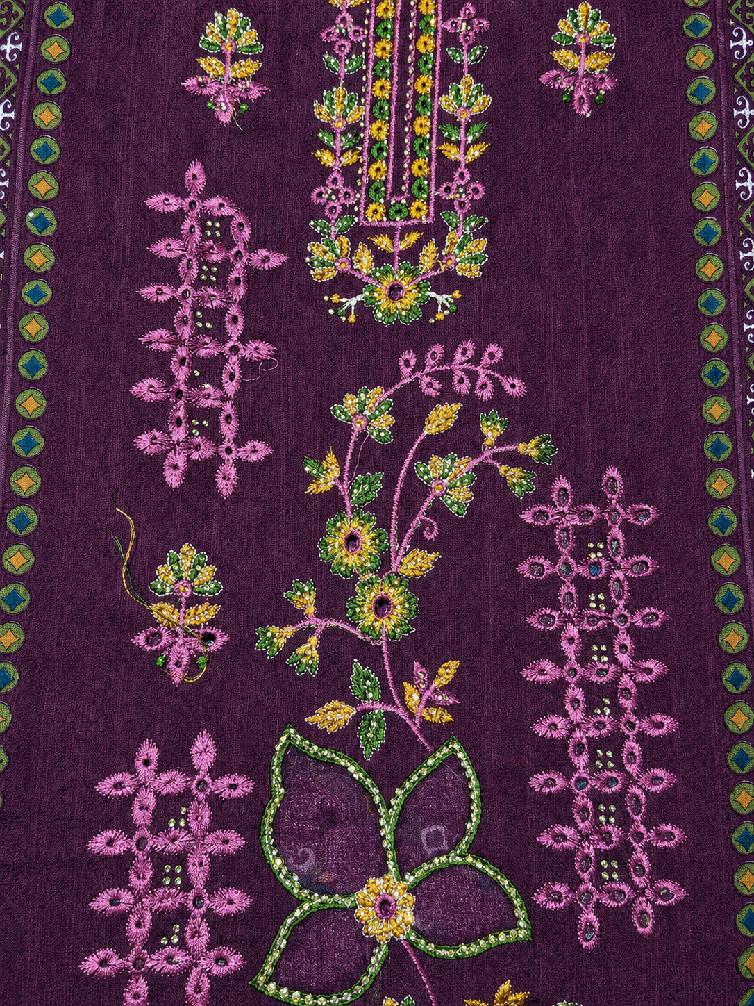Deep Plum Floral Embroidered Unstitched Suit Set with Printed Dupatta