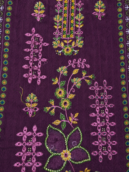 Deep Plum Floral Embroidered Unstitched Suit Set with Printed Dupatta
