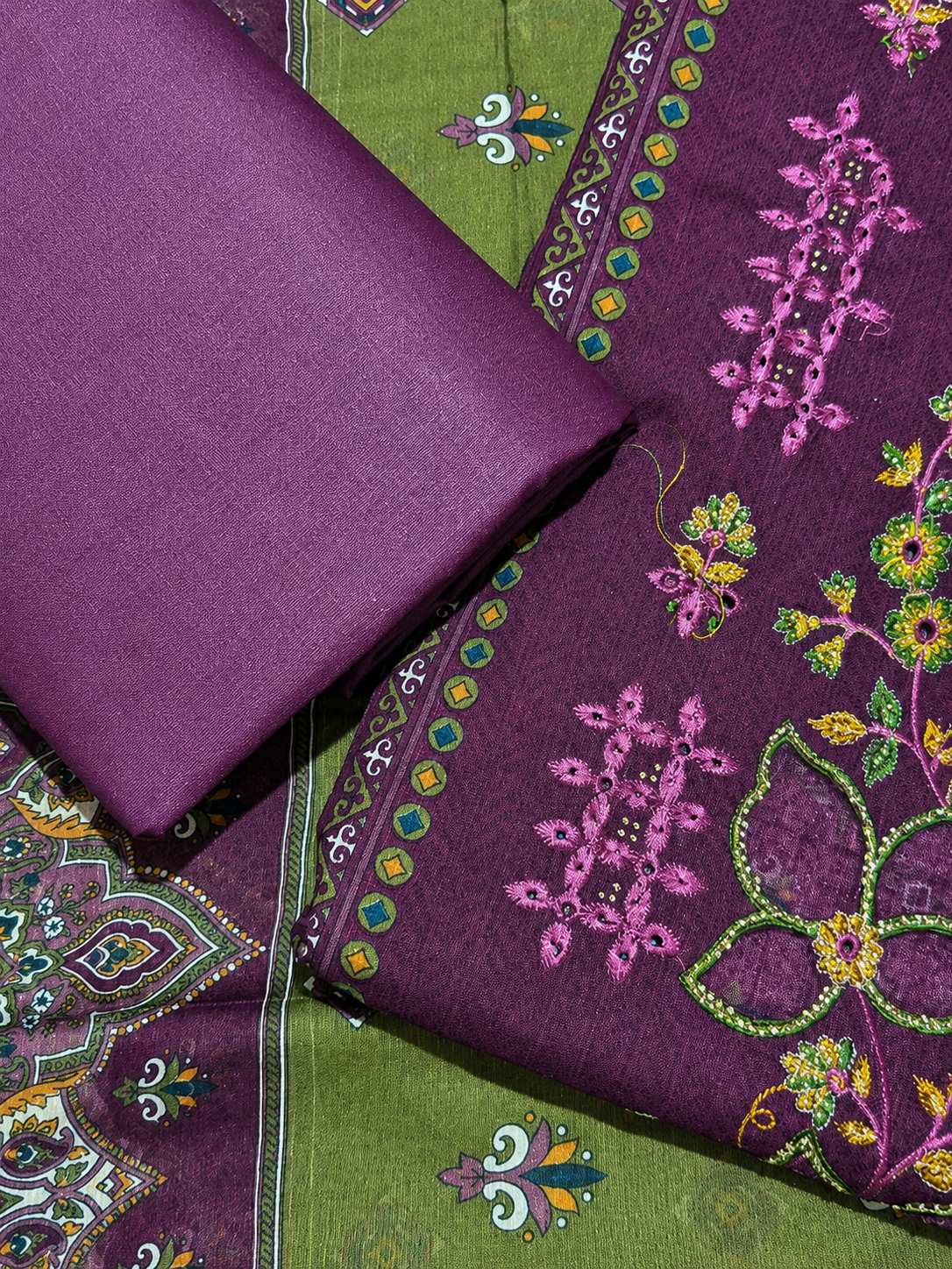 Deep Plum Floral Embroidered Unstitched Suit Set with Printed Dupatta