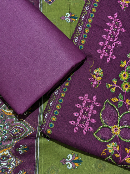 Deep Plum Floral Embroidered Unstitched Suit Set with Printed Dupatta