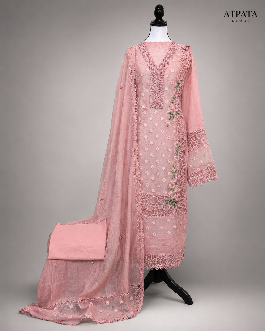 Blush Pink Floral Embroidered Unstitched Suit Set with Lace Detailing