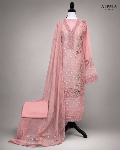 Blush Pink Floral Embroidered Unstitched Suit Set with Lace Detailing