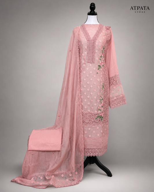 Blush Pink Floral Embroidered Unstitched Suit Set with Lace Detailing