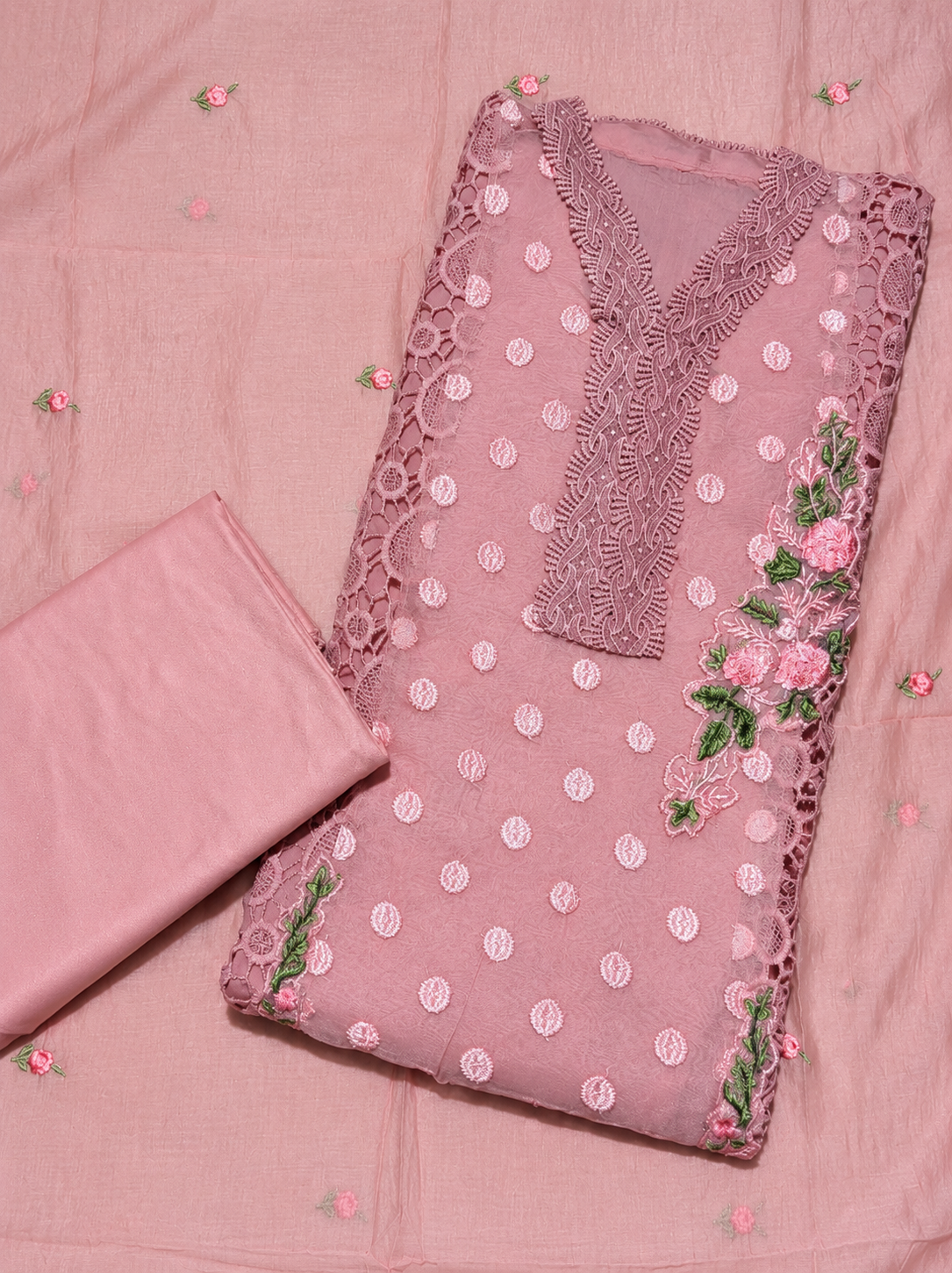 Blush Pink Floral Embroidered Unstitched Suit Set with Lace Detailing