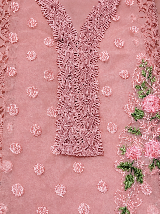 Blush Pink Floral Embroidered Unstitched Suit Set with Lace Detailing