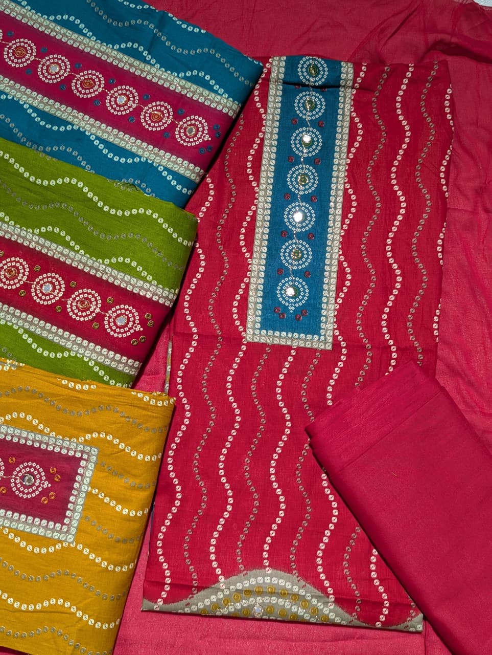 Handcrafted Mirror Work Unstitched Suit Set – 4 Color Variants