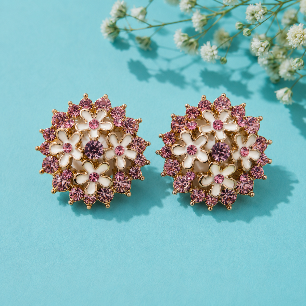 Vintage Pink Floral Crystal Stud Earrings for Women | Gold Tone Statement Earrings