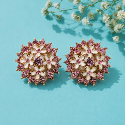 Vintage Pink Floral Crystal Stud Earrings for Women | Gold Tone Statement Earrings