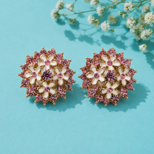 Vintage Pink Floral Crystal Stud Earrings for Women | Gold Tone Statement Earrings