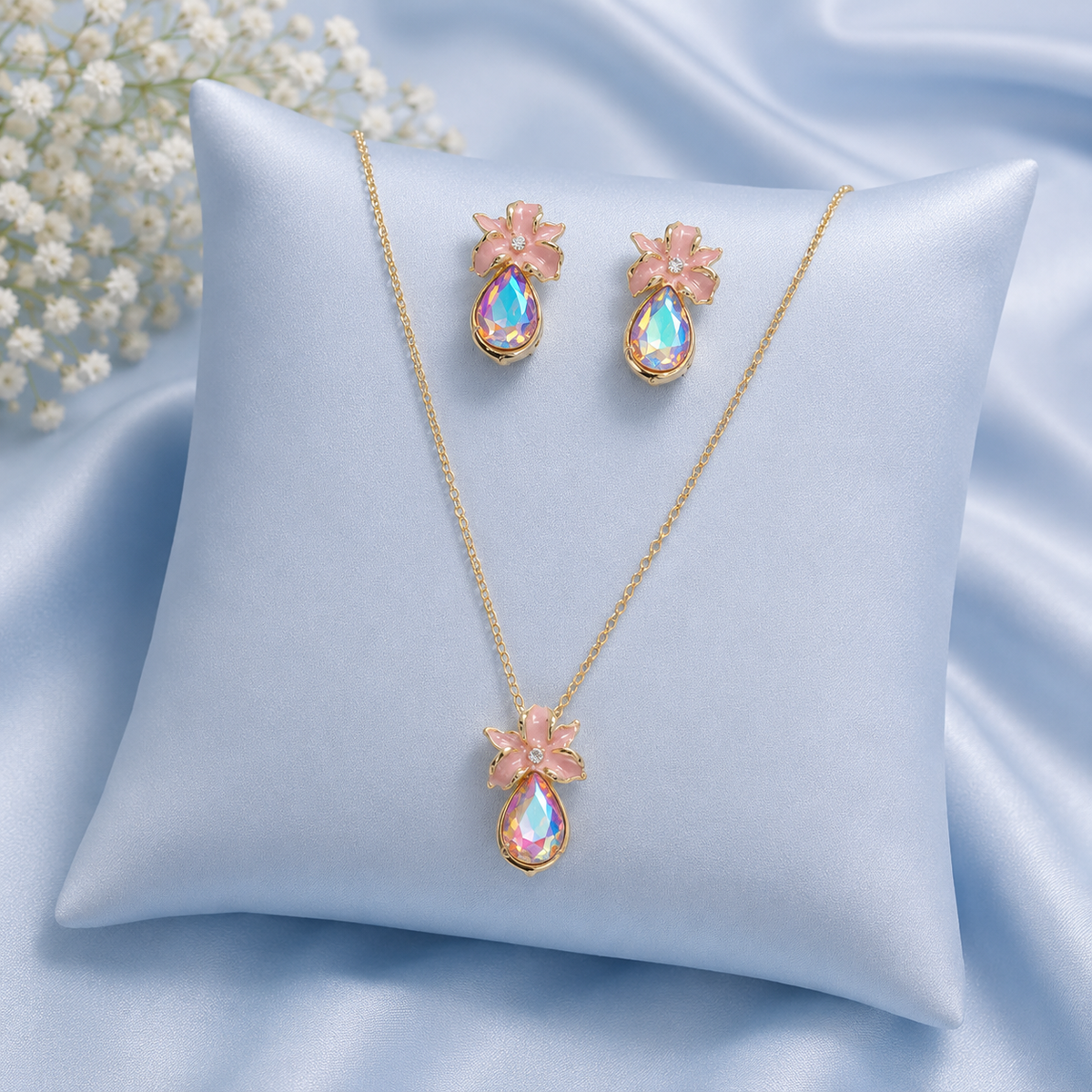 Pink Floral Crystal Drop Necklace & Earrings Jewellery Set for Women