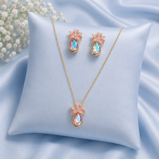 Pink Floral Crystal Drop Necklace & Earrings Jewellery Set for Women