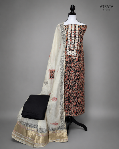 Black & Ivory Traditional Printed Unstitched Suit Set with Elegant Dupatta