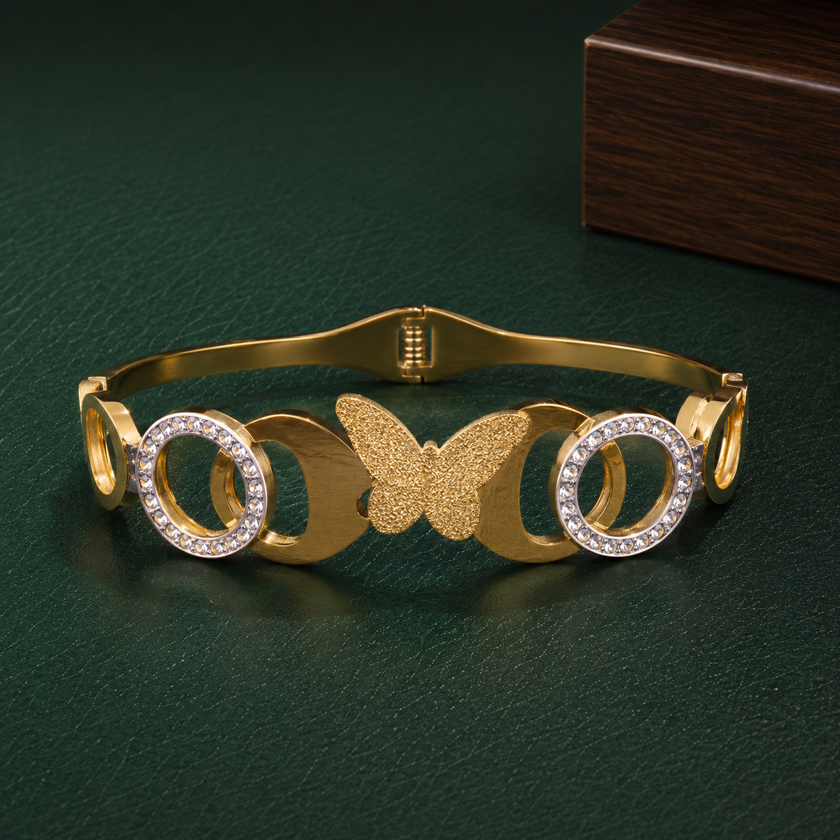 Luxury Gold-Tone Butterfly Bangle Bracelet with Crystal Circle Accents