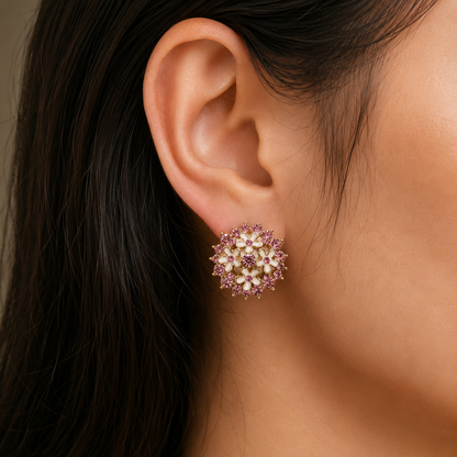 Vintage Pink Floral Crystal Stud Earrings for Women | Gold Tone Statement Earrings