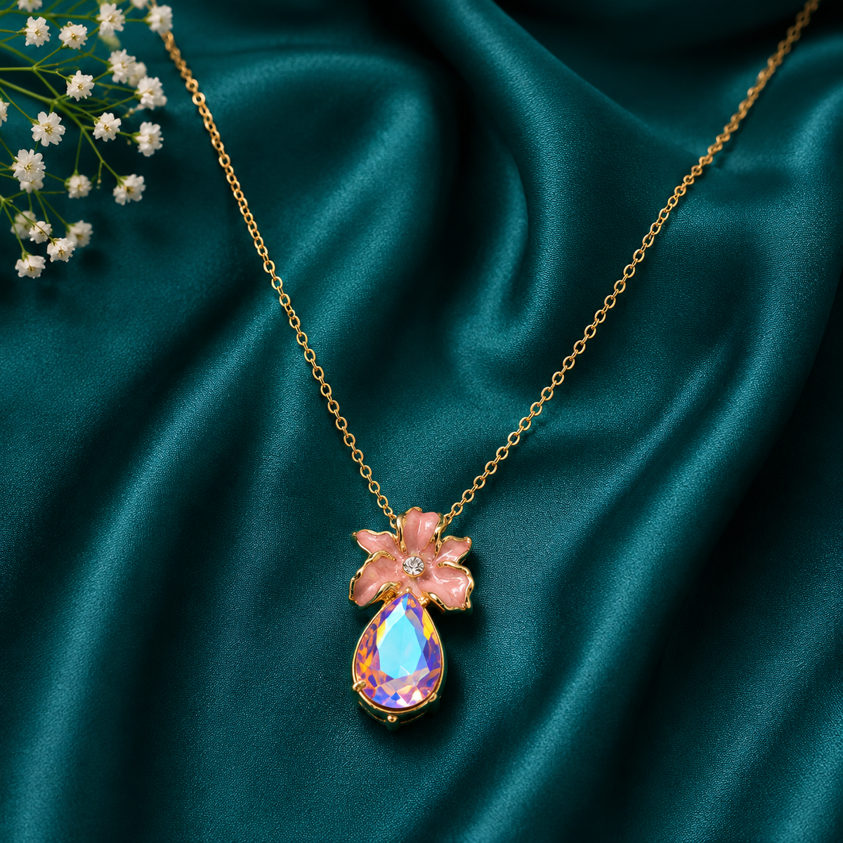 Pink Floral Crystal Drop Necklace & Earrings Jewellery Set for Women