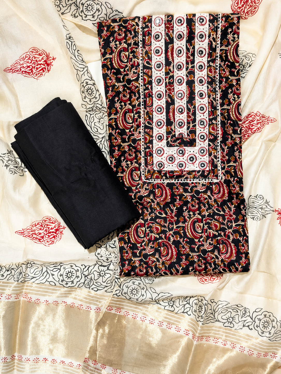 Black & Ivory Traditional Printed Unstitched Suit Set with Elegant Dupatta