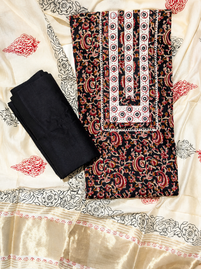 Black & Ivory Traditional Printed Unstitched Suit Set with Elegant Dupatta