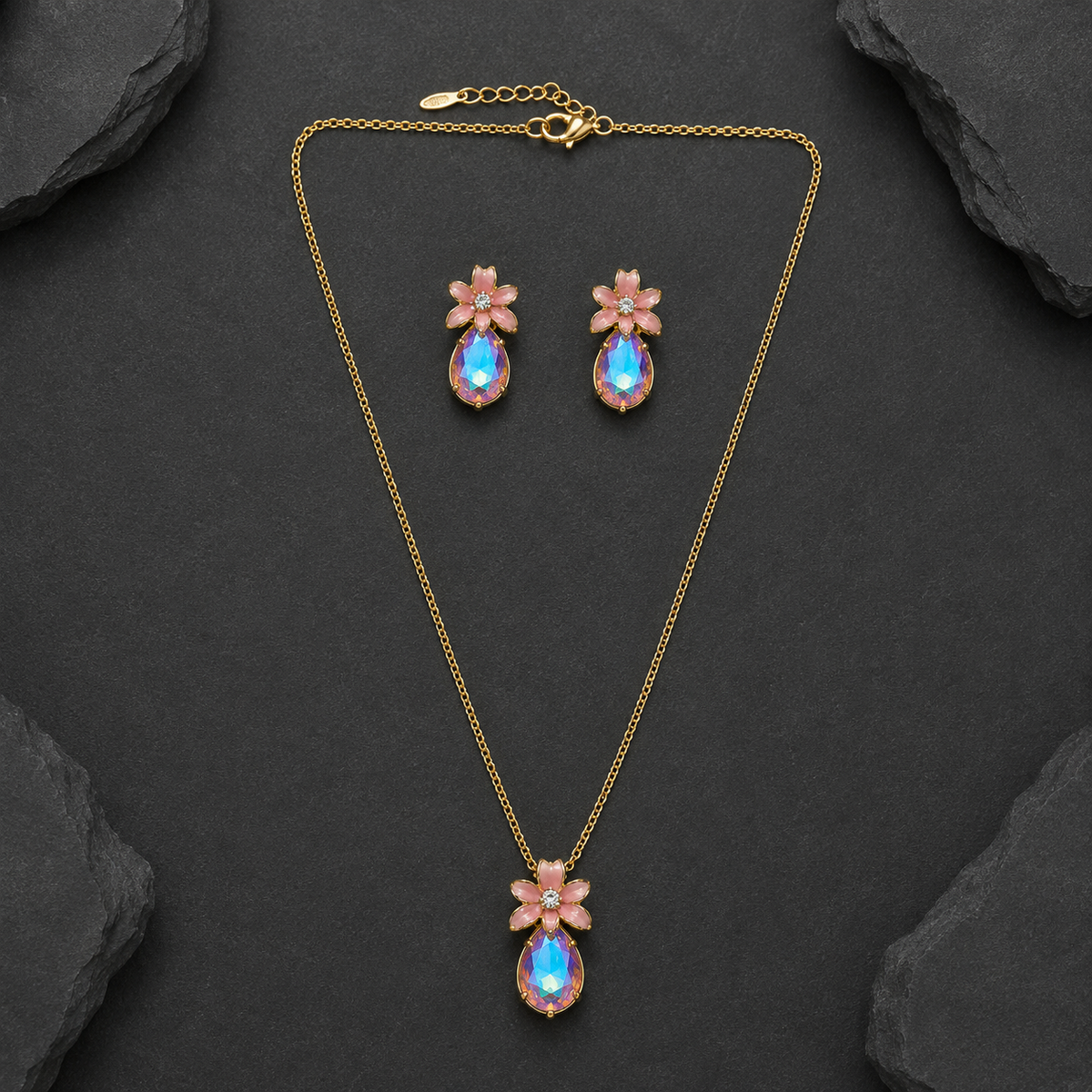 Pink Floral Crystal Drop Necklace & Earrings Jewellery Set for Women