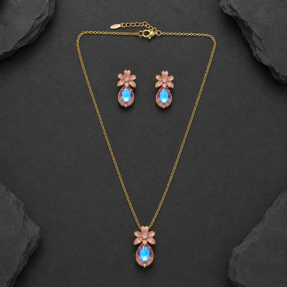 Pink Floral Crystal Drop Necklace & Earrings Jewellery Set for Women