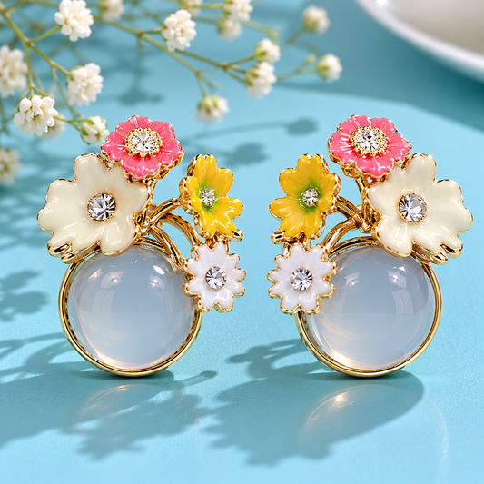 Elegant Floral Opal Stone Stud Earrings for Women | Gold Tone Flower Statement Earrings