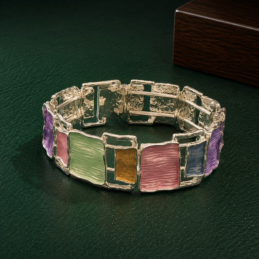 Multicolor Enamel Panel Stretch Bracelet for Women | Silver-Tone Statement Bracelet