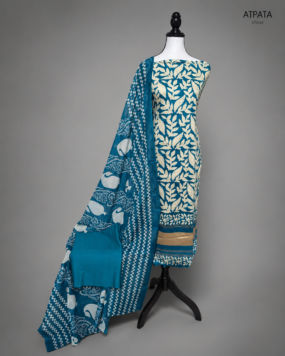 Teal Blue Leaf Print Unstitched Suit Set with Designer Dupatta