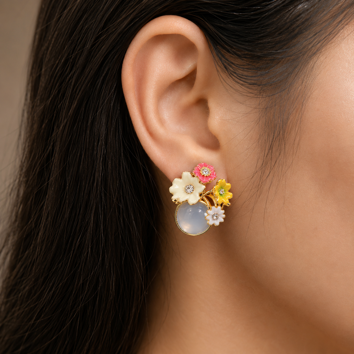 Elegant Floral Opal Stone Stud Earrings for Women | Gold Tone Flower Statement Earrings