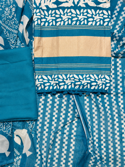 Teal Blue Leaf Print Unstitched Suit Set with Designer Dupatta
