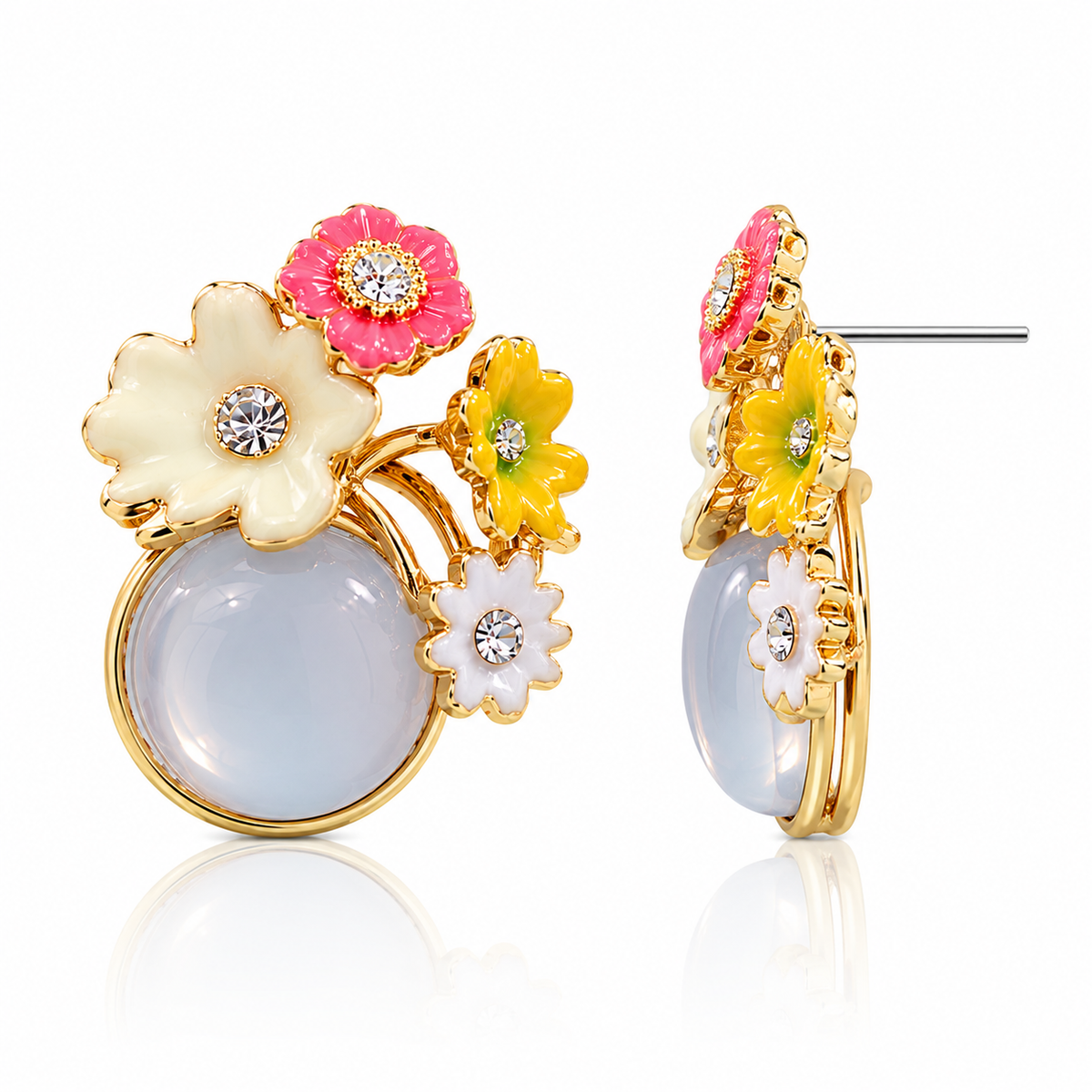Elegant Floral Opal Stone Stud Earrings for Women | Gold Tone Flower Statement Earrings
