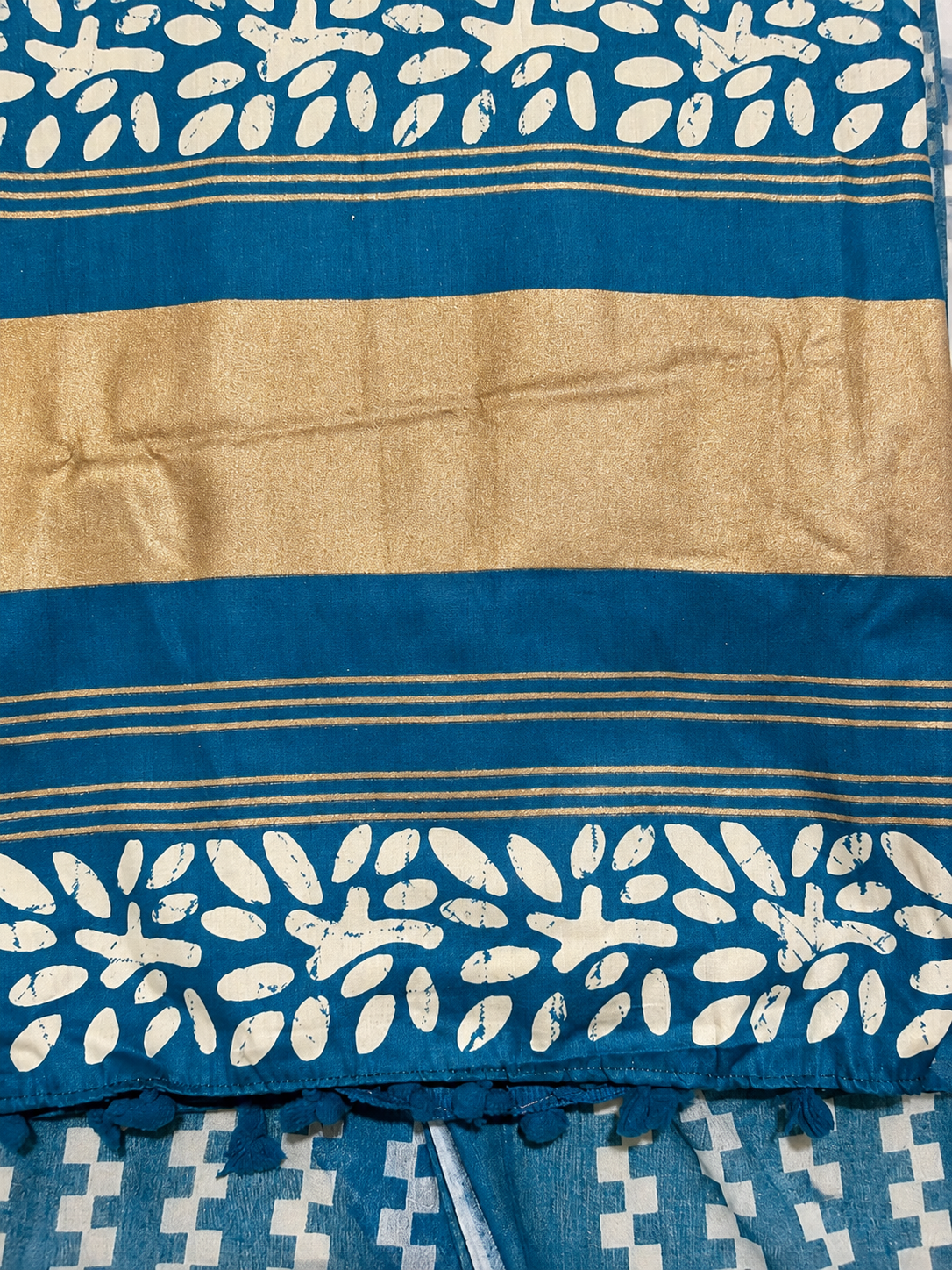 Teal Blue Leaf Print Unstitched Suit Set with Designer Dupatta