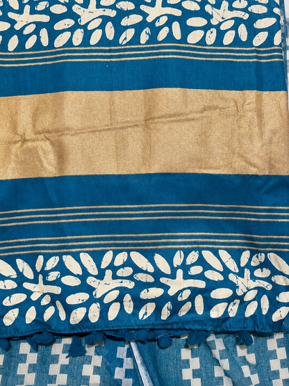 Teal Blue Leaf Print Unstitched Suit Set with Designer Dupatta