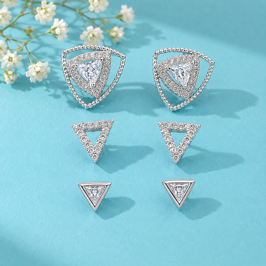 3 Pair Geometric Triangle Crystal Stud Earrings Set for Women | Silver Tone Minimalist Earrings Combo