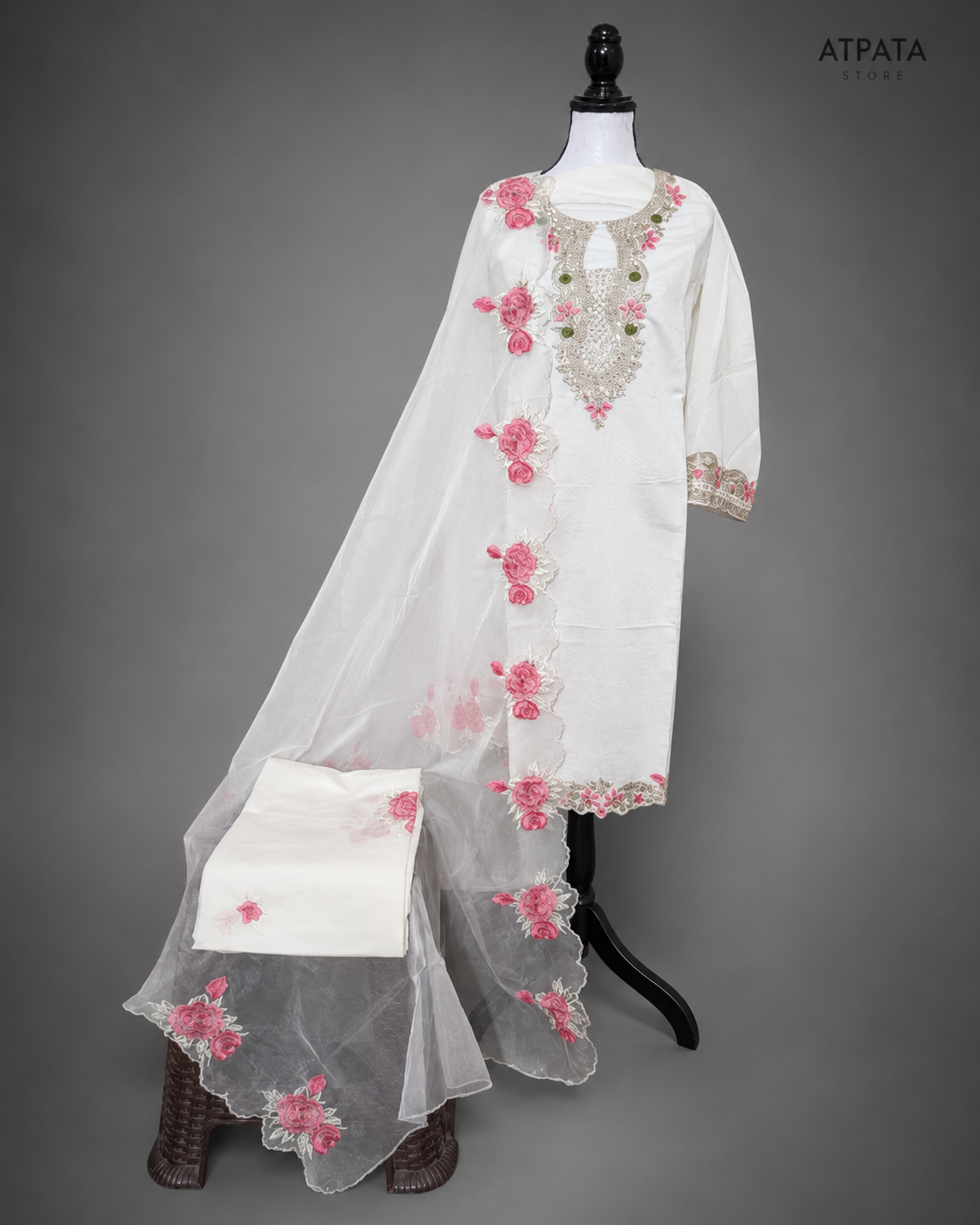 White Floral Embroidered Unstitched Suit Set with Organza Dupatta