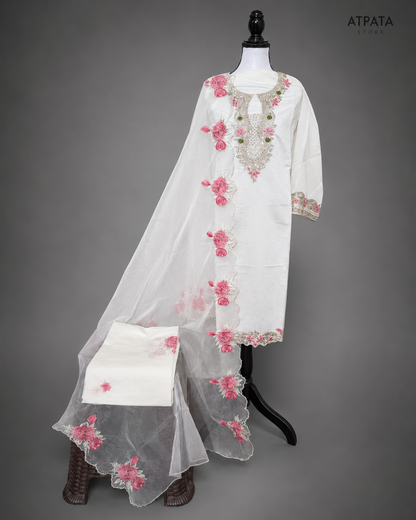 White Floral Embroidered Unstitched Suit Set with Organza Dupatta