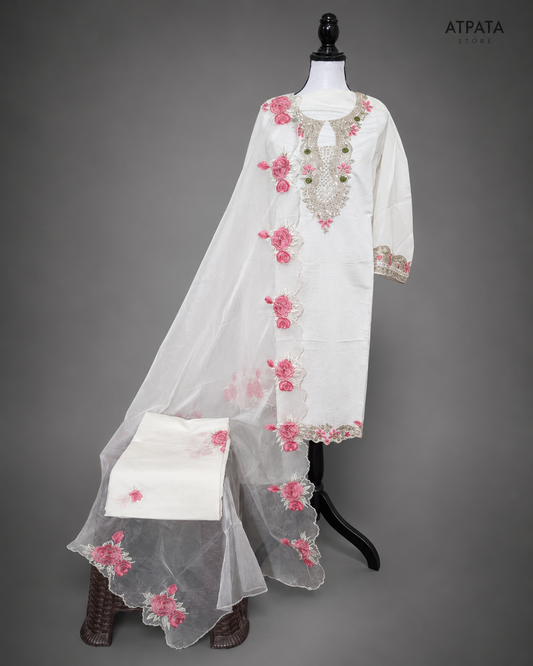 White Floral Embroidered Unstitched Suit Set with Organza Dupatta