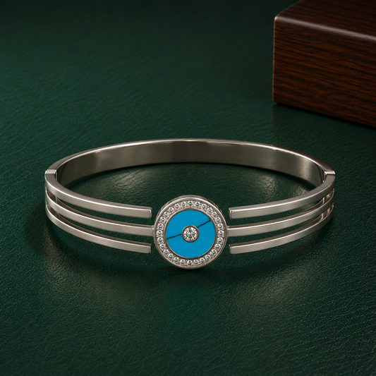 Silver-Tone Evil Eye Bangle Bracelet with Crystal Accent | Modern Protective Charm Bracelet