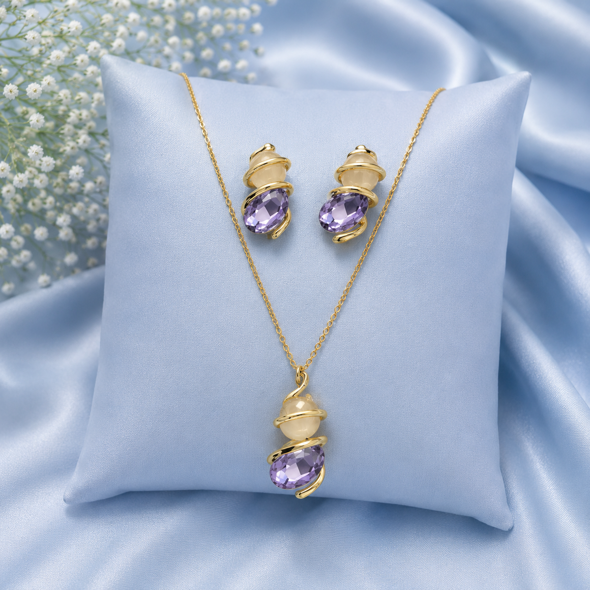 Purple Crystal & Pearl Accent Necklace and Earrings Set for Women