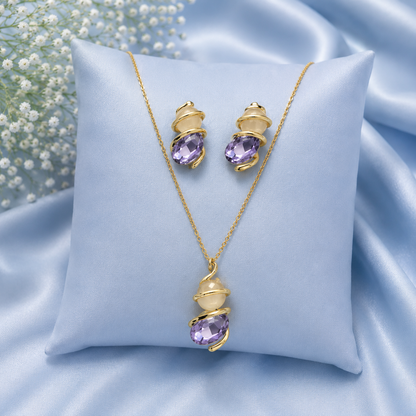 Purple Crystal & Pearl Accent Necklace and Earrings Set for Women