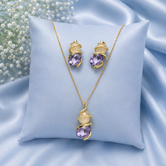 Purple Crystal & Pearl Accent Necklace and Earrings Set for Women