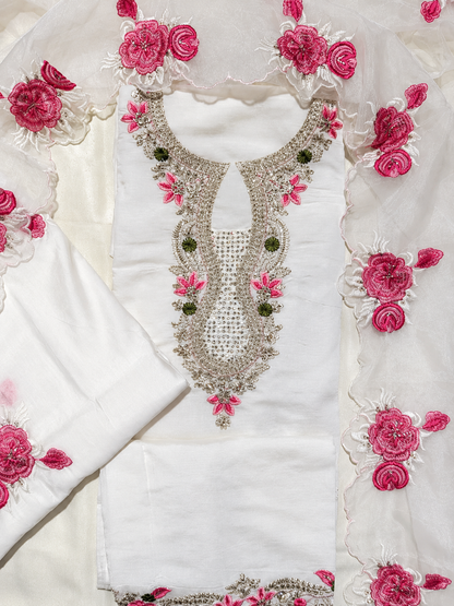 White Floral Embroidered Unstitched Suit Set with Organza Dupatta