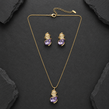 Purple Crystal & Pearl Accent Necklace and Earrings Set for Women