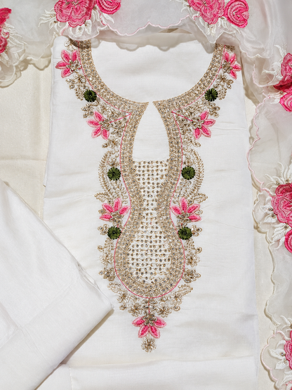 White Floral Embroidered Unstitched Suit Set with Organza Dupatta