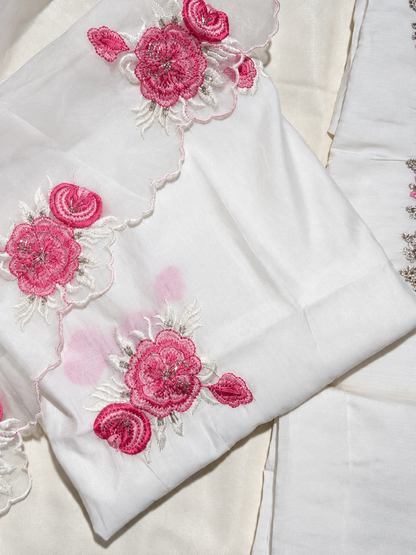 White Floral Embroidered Unstitched Suit Set with Organza Dupatta