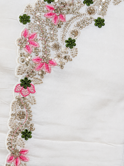 White Floral Embroidered Unstitched Suit Set with Organza Dupatta