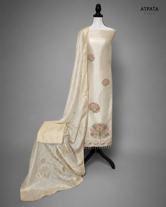 Cream Peacock Embroidered Unstitched Suit Set with Designer Dupatta