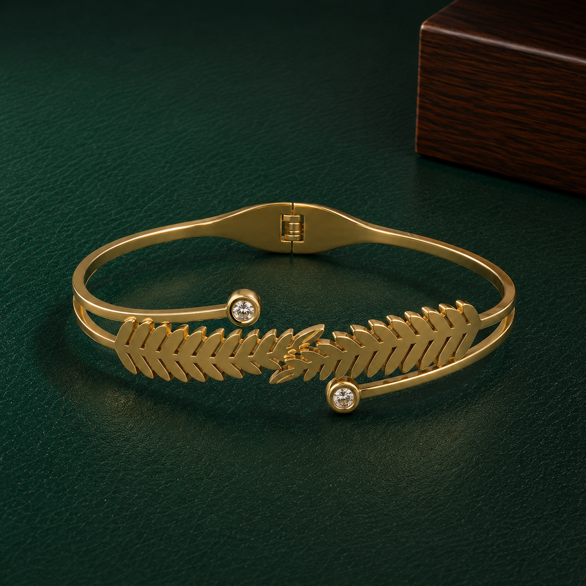 Gold-Tone Leaf Design Open Bangle Bracelet with Crystal Accents