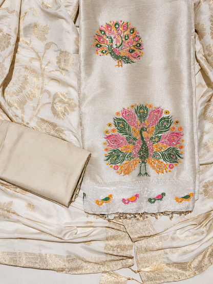 Cream Peacock Embroidered Unstitched Suit Set with Designer Dupatta